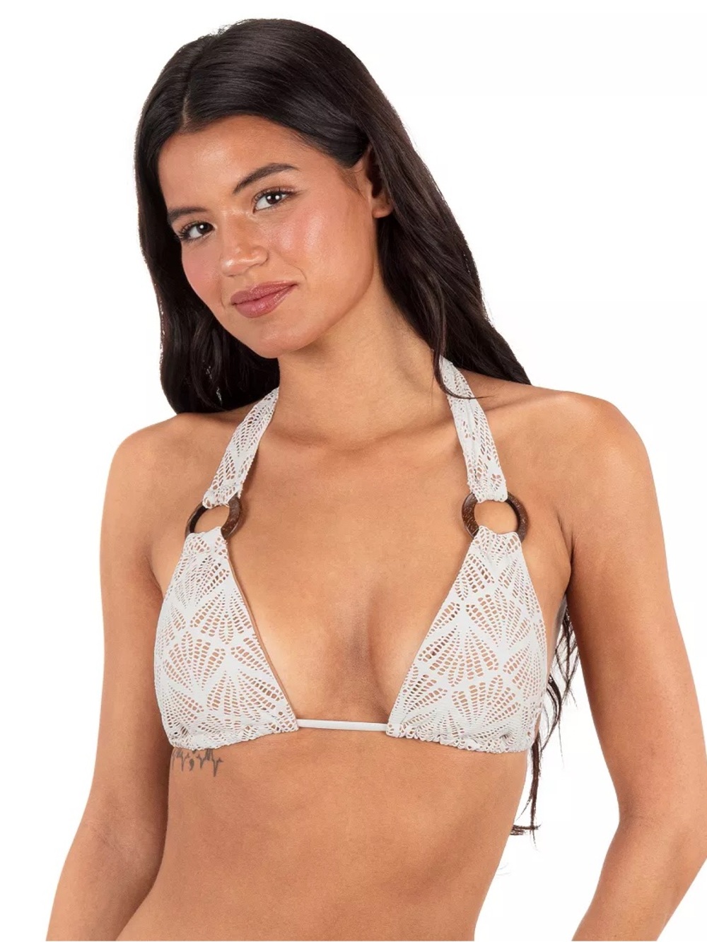 Hurley Women's V-Neck Shell Crochet Y2K Wooden Ring Tri Tie Bikini Halter Top S